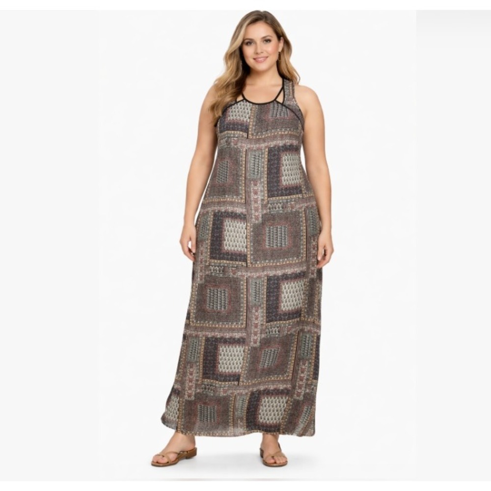 Junarose size 14 Multicolor‎ Patchwork Boho Print Maxi Dress Feminine Vacation